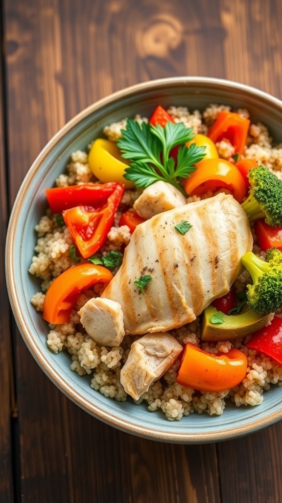A healthy quinoa chicken and vegetable bowl with colorful ingredients, garnished with parsley on a rustic table.